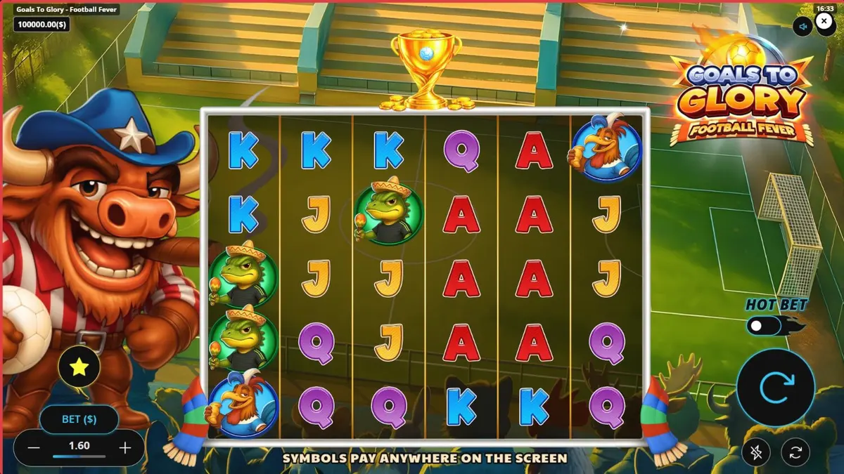 Tela de jogo do slot Goals to Glory Football Fever com personagens animais jogadores de futebol