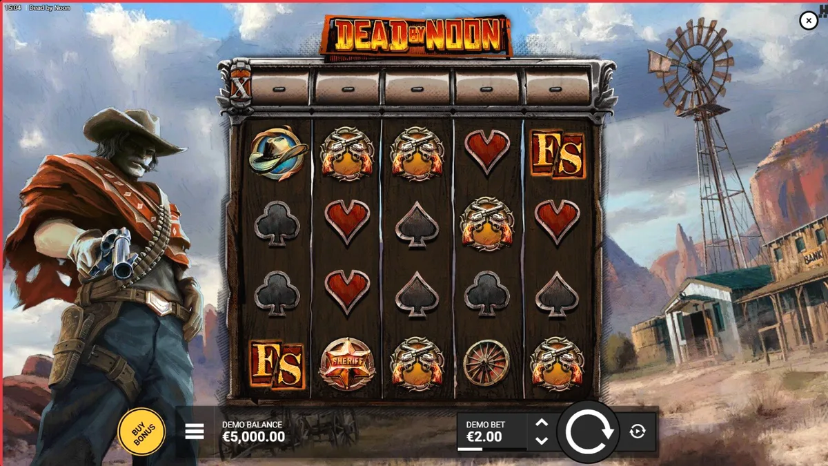 Cenário de duelo no Velho Oeste com elementos temáticos do slot Dead by Noon