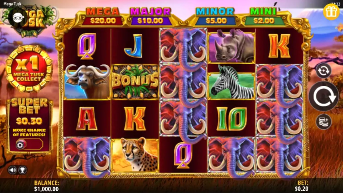 Cenário de savana africana com animais selvagens no slot Mega Tusk